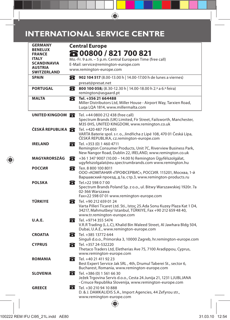 International service centre, Central europe | Remington Ci95 User Manual | Page 82 / 83