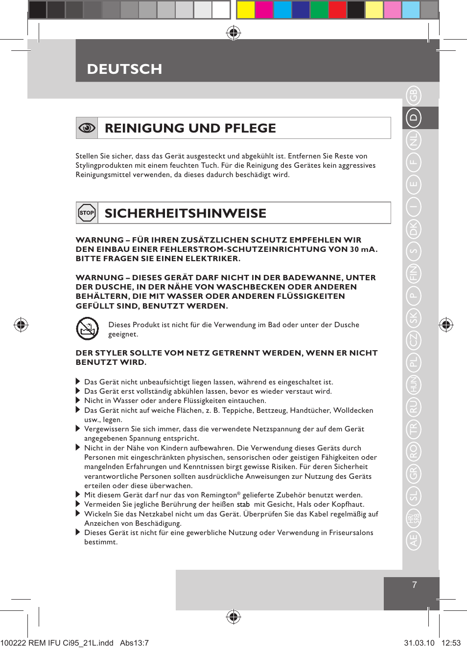 Deutsch, Reinigung und pflege, Sicherheitshinweise | Remington Ci95 User Manual | Page 9 / 83