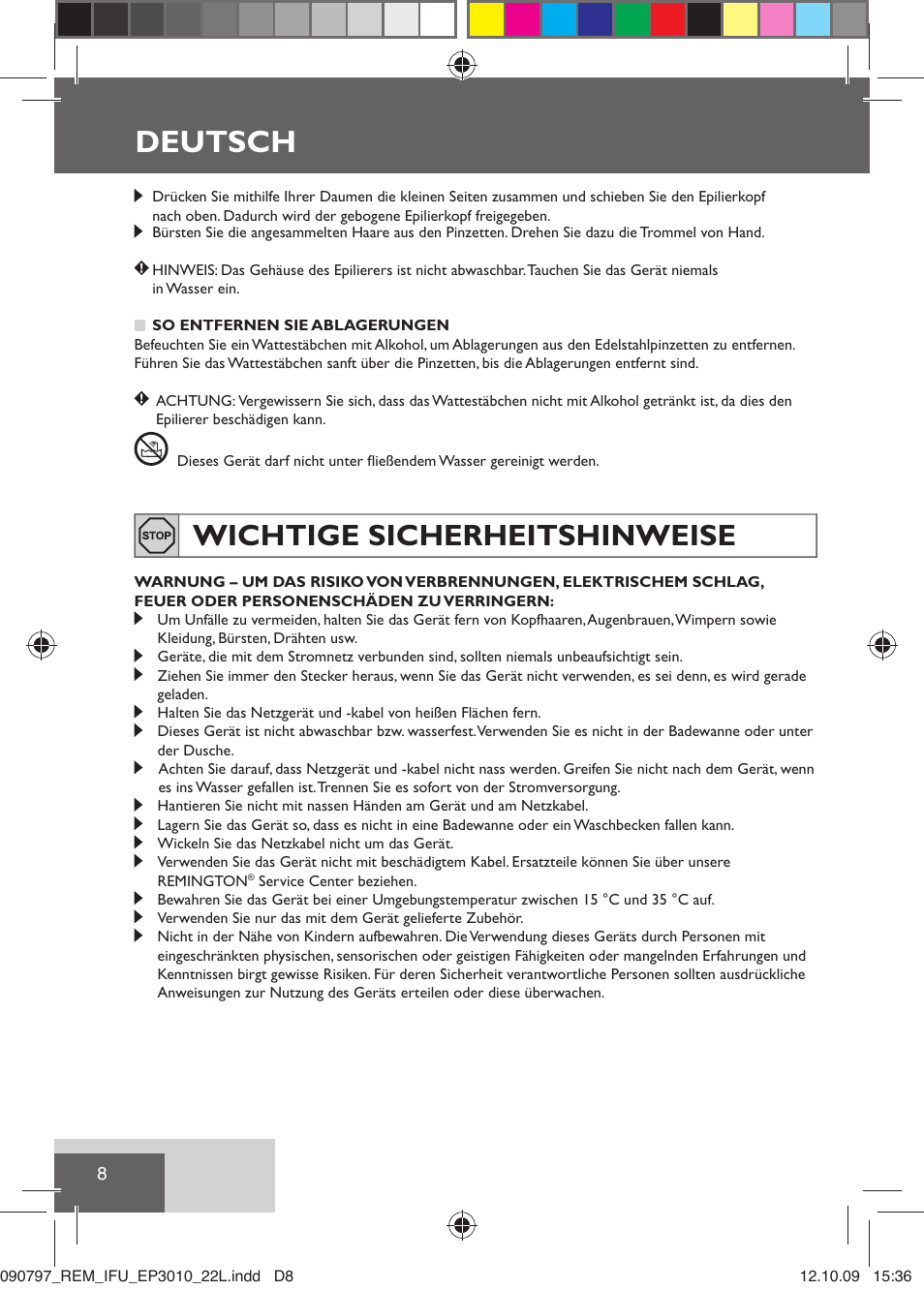 Deutsch, Wichtige sicherheitshinweise | Remington EP6010C User Manual | Page 11 / 98