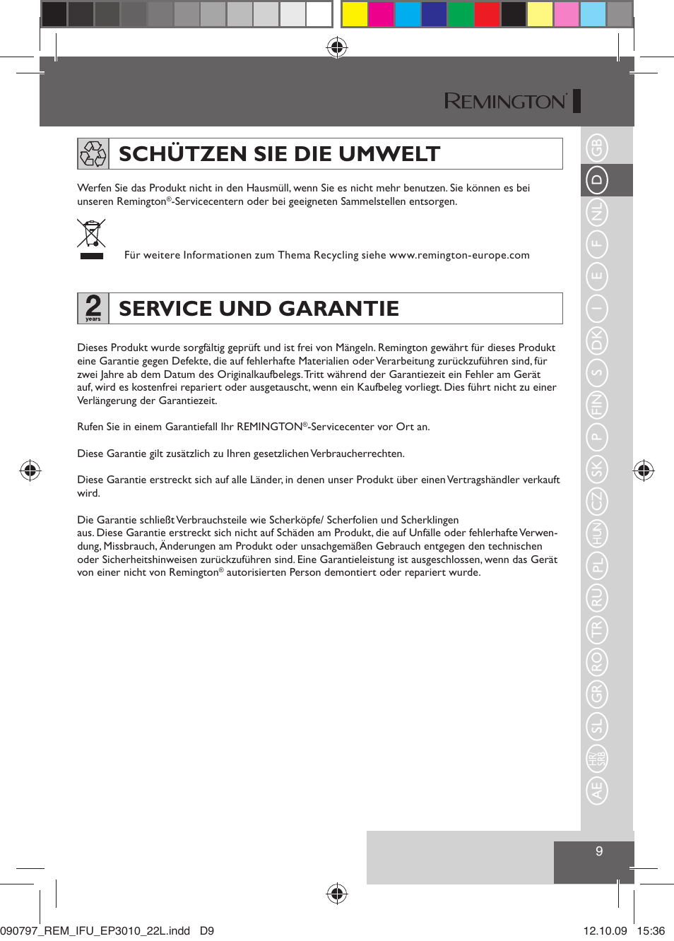 Schützen sie die umwelt, Service und garantie | Remington EP6010C User Manual | Page 12 / 98