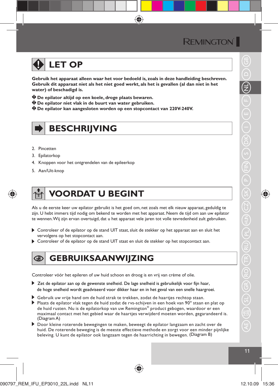 Let op, Beschrijving, Voordat u begint | Gebruiksaanwijzing | Remington EP6010C User Manual | Page 14 / 98