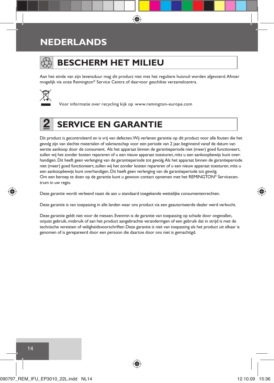 Nederlands, Bescherm het milieu, Service en garantie | Remington EP6010C User Manual | Page 17 / 98