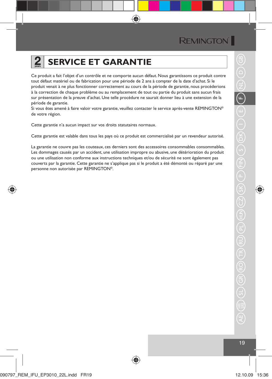 Service et garantie | Remington EP6010C User Manual | Page 22 / 98