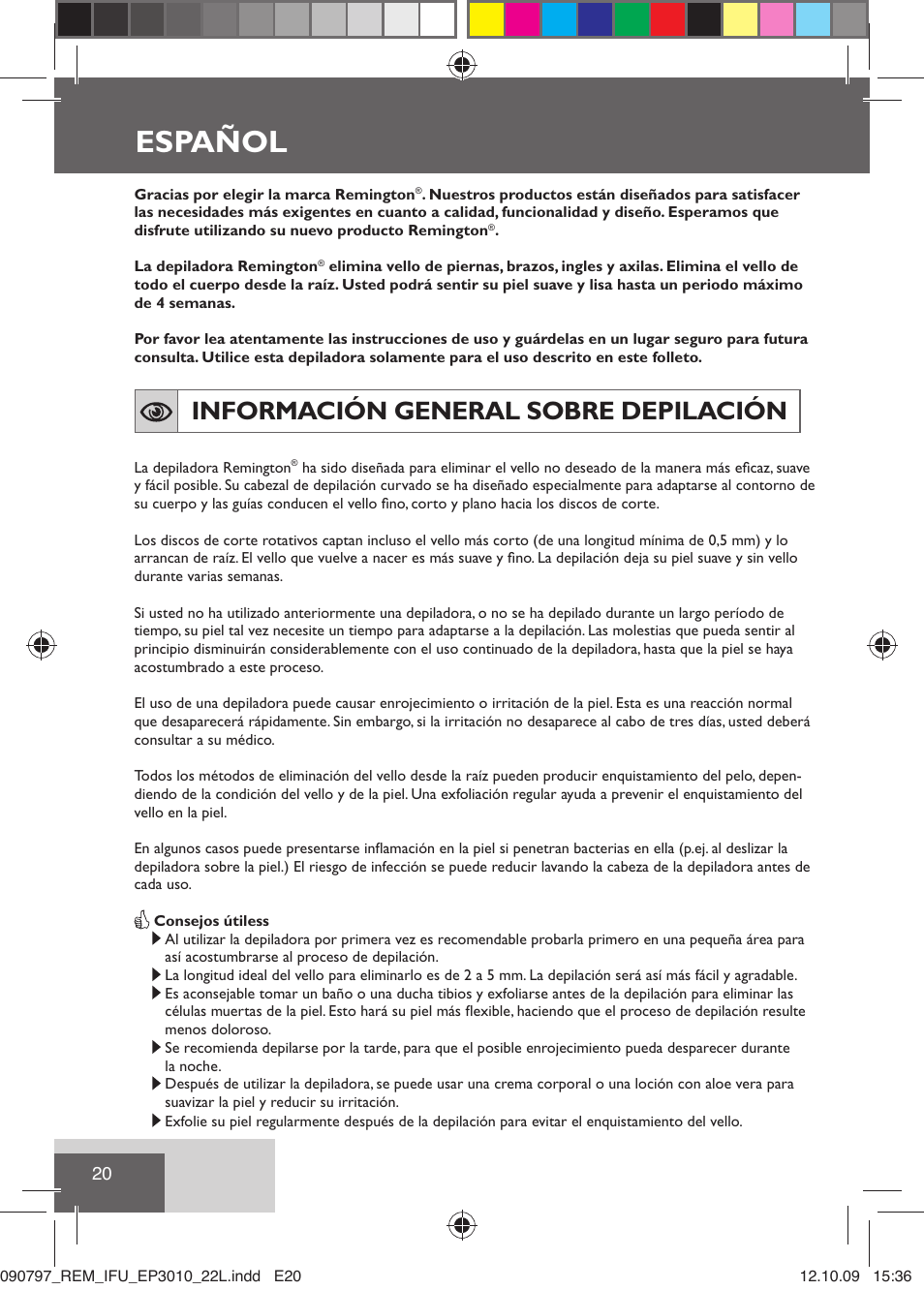 Español, Información general sobre depilación | Remington EP6010C User Manual | Page 23 / 98