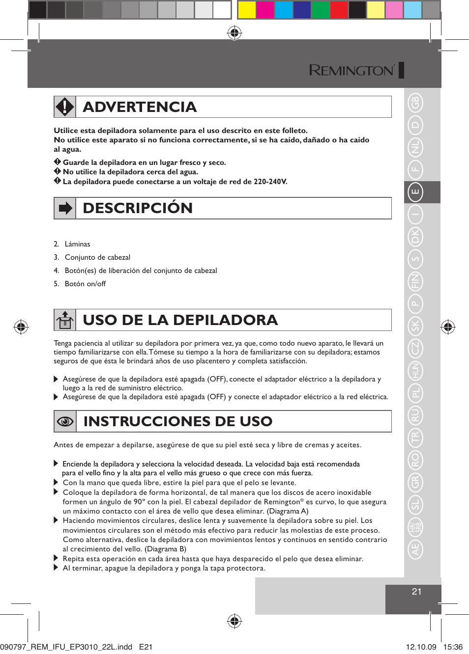 Advertencia, Descripción, Uso de la depiladora | Instrucciones de uso | Remington EP6010C User Manual | Page 24 / 98