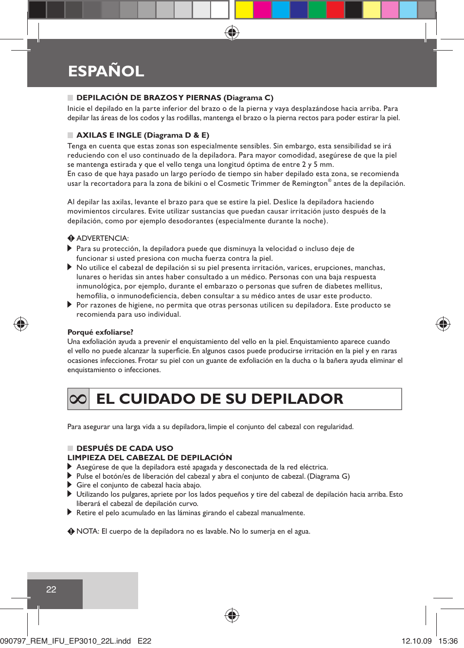 Español, El cuidado de su depilador | Remington EP6010C User Manual | Page 25 / 98