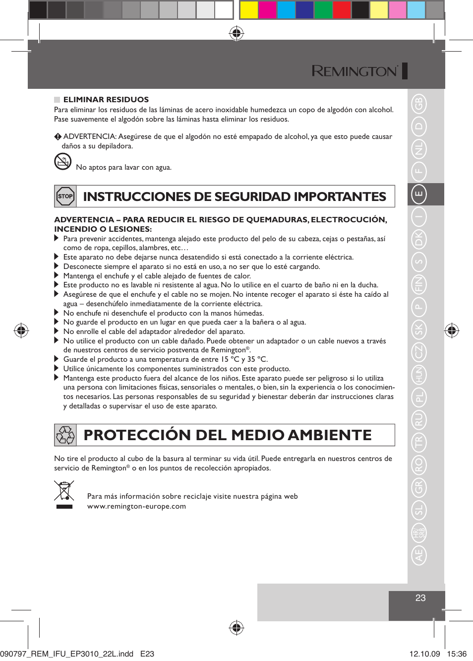 Protección del medio ambiente, Instrucciones de seguridad importantes | Remington EP6010C User Manual | Page 26 / 98