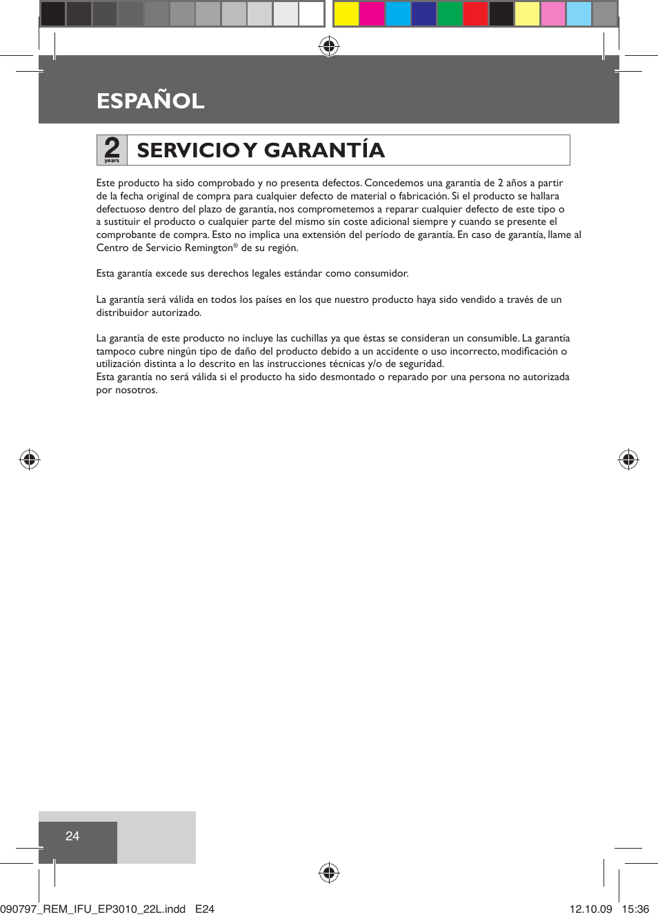 Español, Servicio y garantía | Remington EP6010C User Manual | Page 27 / 98