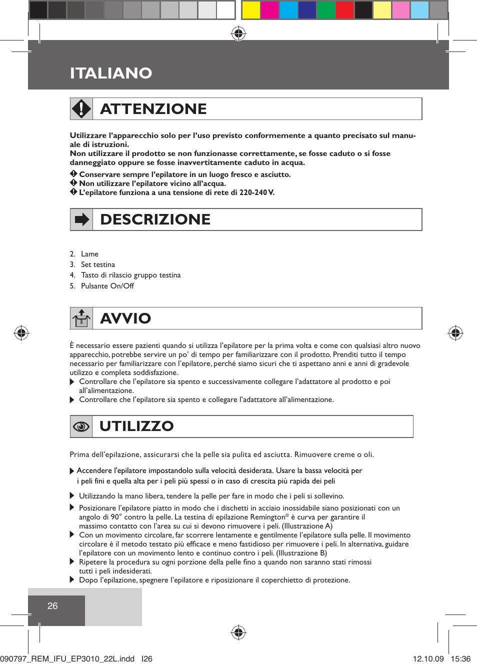 Italiano, Attenzione, Descrizione | Avvio, Utilizzo | Remington EP6010C User Manual | Page 29 / 98