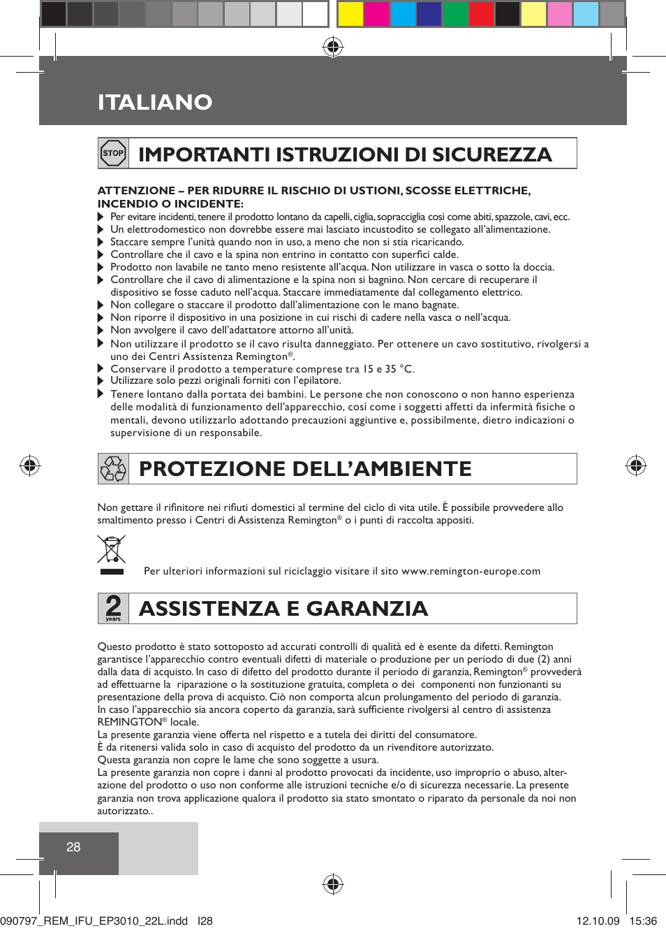 Italiano, Protezione dell’ambiente, Assistenza e garanzia | Importanti istruzioni di sicurezza | Remington EP6010C User Manual | Page 31 / 98