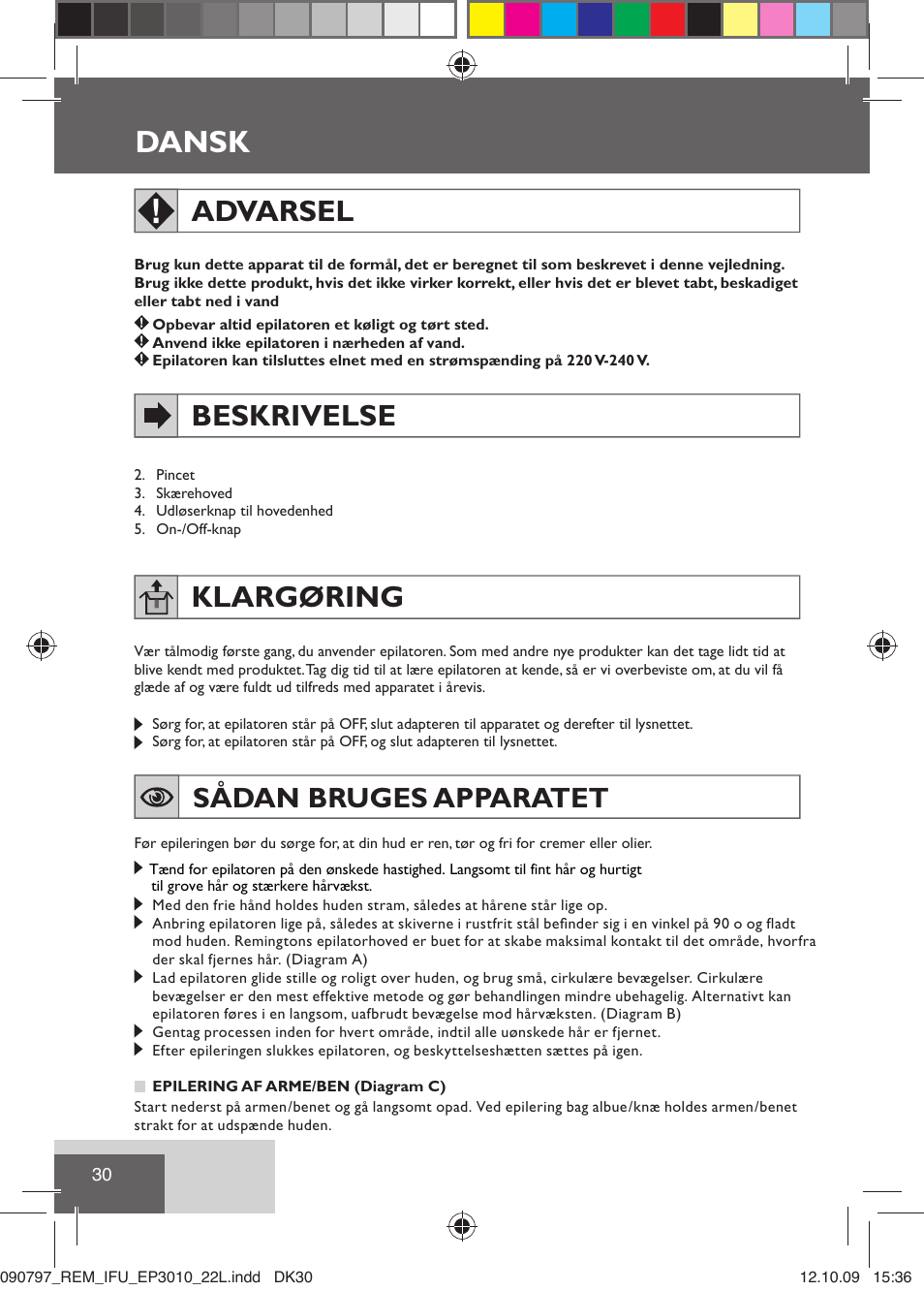 Dansk, Advarsel, Beskrivelse | Klargøring, Sådan bruges apparatet | Remington EP6010C User Manual | Page 33 / 98