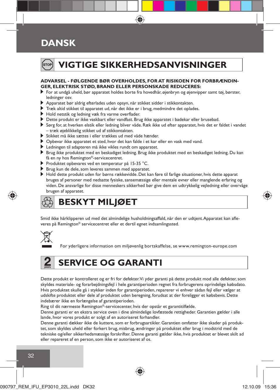 Dansk, Vigtige sikkerhedsanvisninger, Beskyt miljøet | Service og garanti | Remington EP6010C User Manual | Page 35 / 98