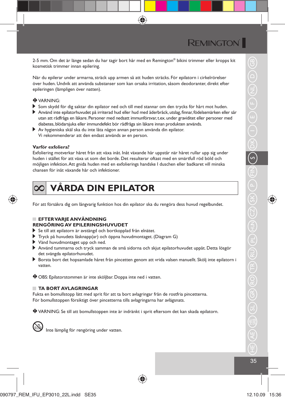 Vårda din epilator | Remington EP6010C User Manual | Page 38 / 98