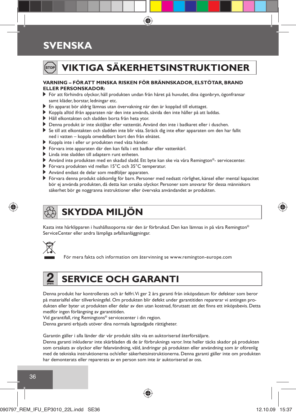 Svenska, Viktiga säkerhetsinstruktioner, Skydda miljön | Service och garanti | Remington EP6010C User Manual | Page 39 / 98