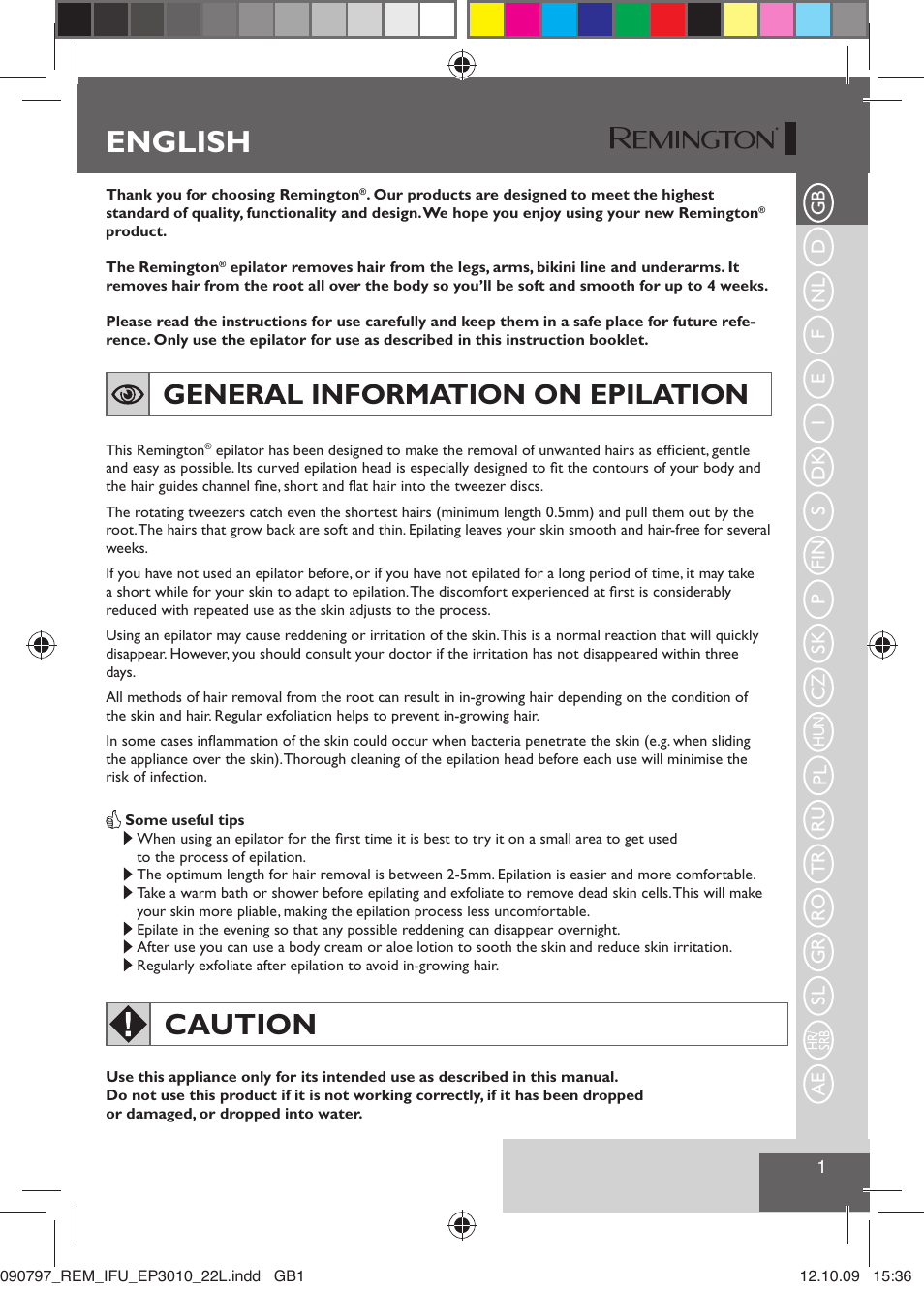 English, Caution, General information on epilation | Remington EP6010C User Manual | Page 4 / 98