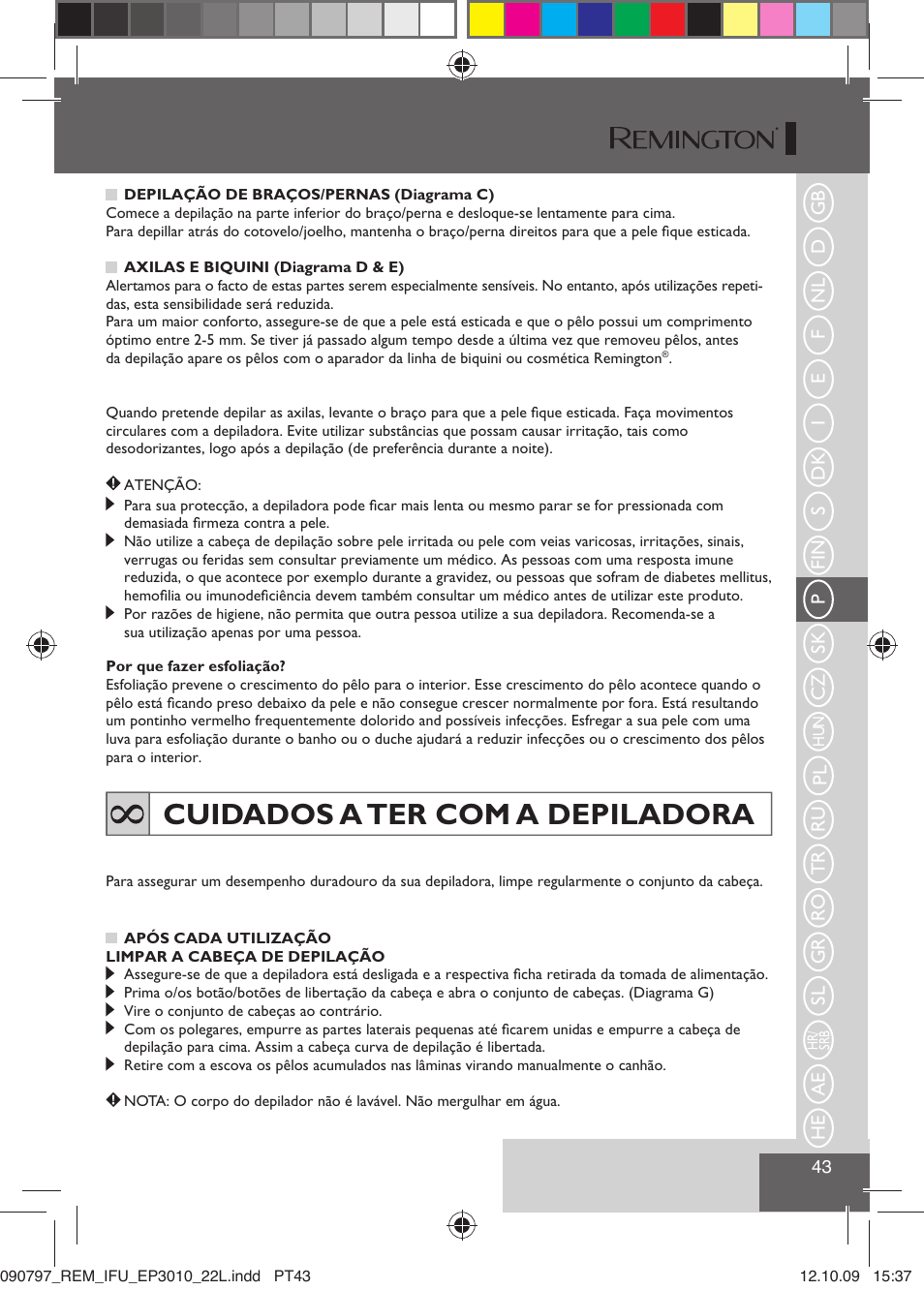 Cuidados a ter com a depiladora | Remington EP6010C User Manual | Page 46 / 98