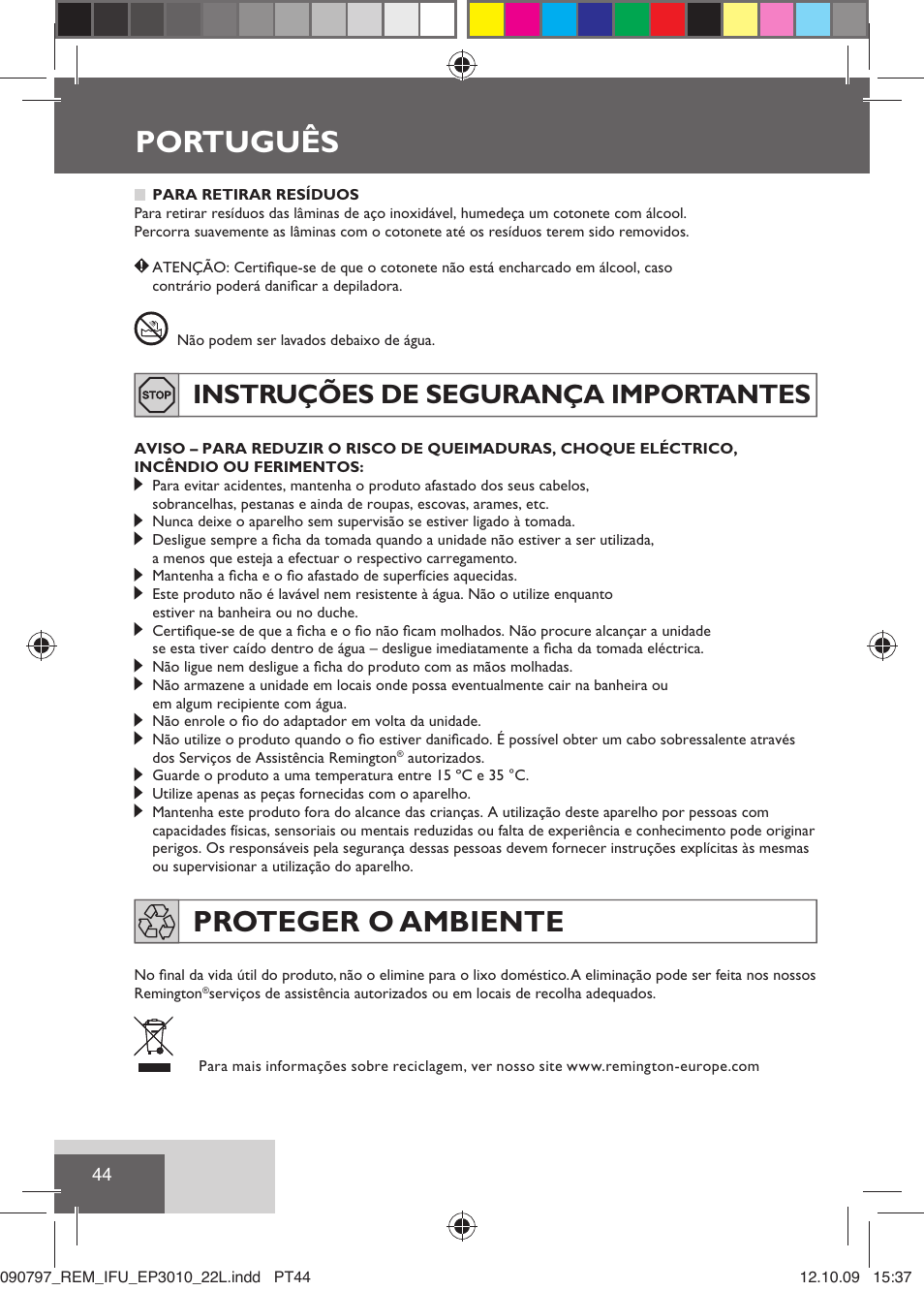 Português, Proteger o ambiente, Instruções de segurança importantes | Remington EP6010C User Manual | Page 47 / 98