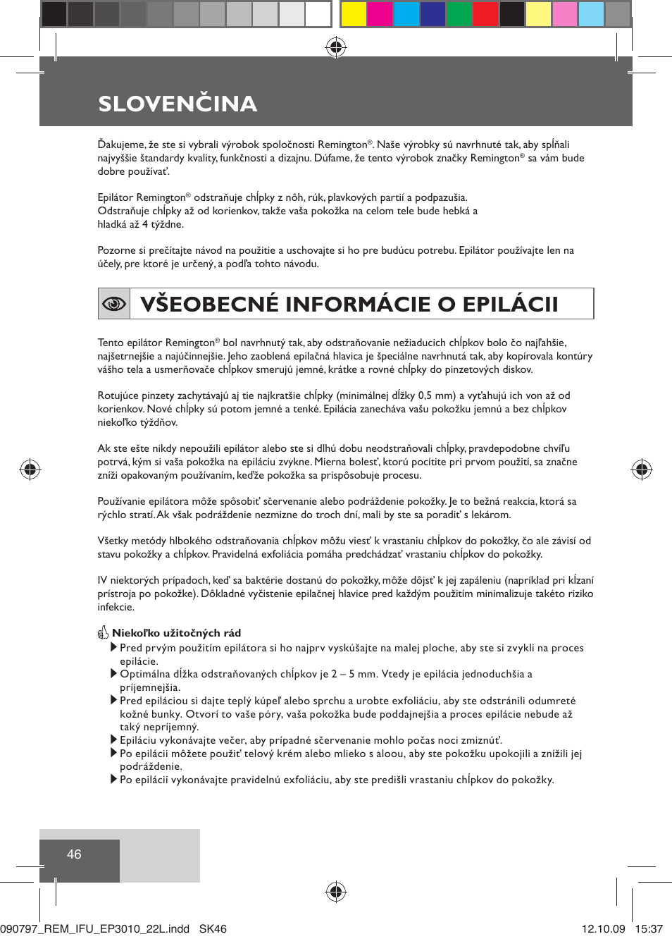 Slovenčina, Všeobecné informácie o epilácii | Remington EP6010C User Manual | Page 49 / 98