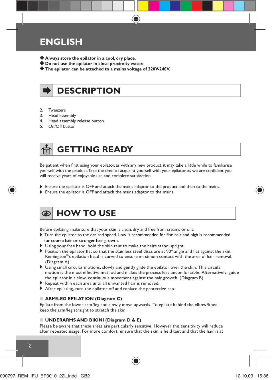 English, Description, Getting ready | How to use | Remington EP6010C User Manual | Page 5 / 98