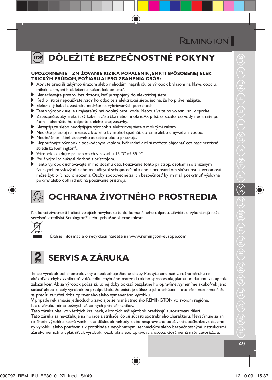 Dôležité bezpečnostné pokyny, Ochrana životného prostredia, Servis a záruka | Remington EP6010C User Manual | Page 52 / 98