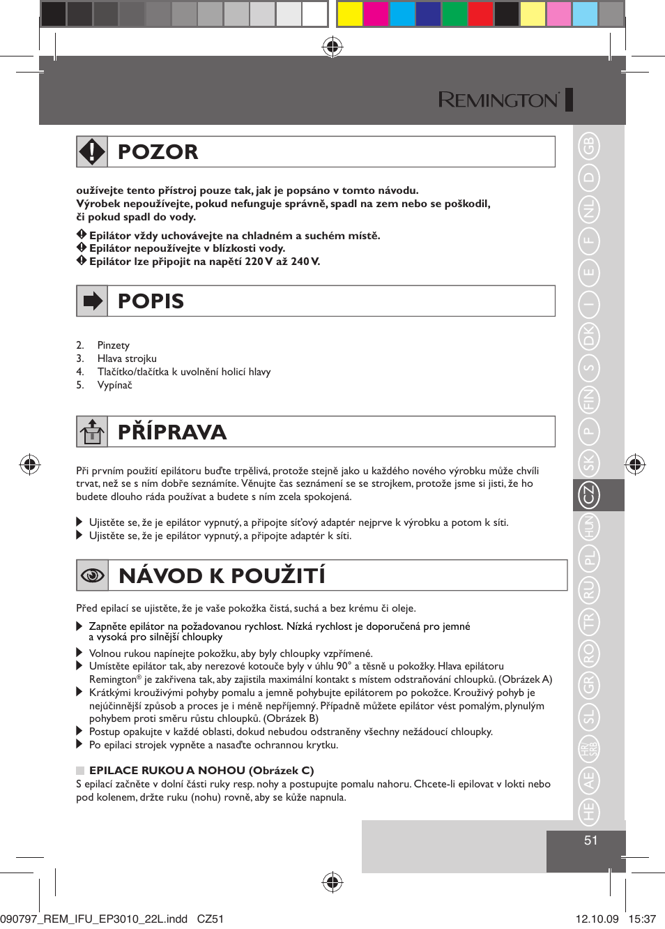 Pozor, Popis, Příprava | Návod k použití | Remington EP6010C User Manual | Page 54 / 98