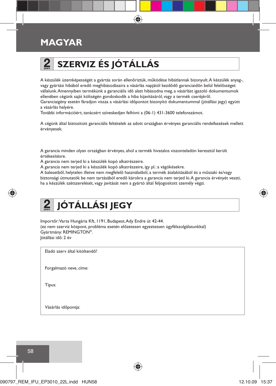 Magyar, Szerviz és jótállás, Jótállási jegy | Remington EP6010C User Manual | Page 61 / 98