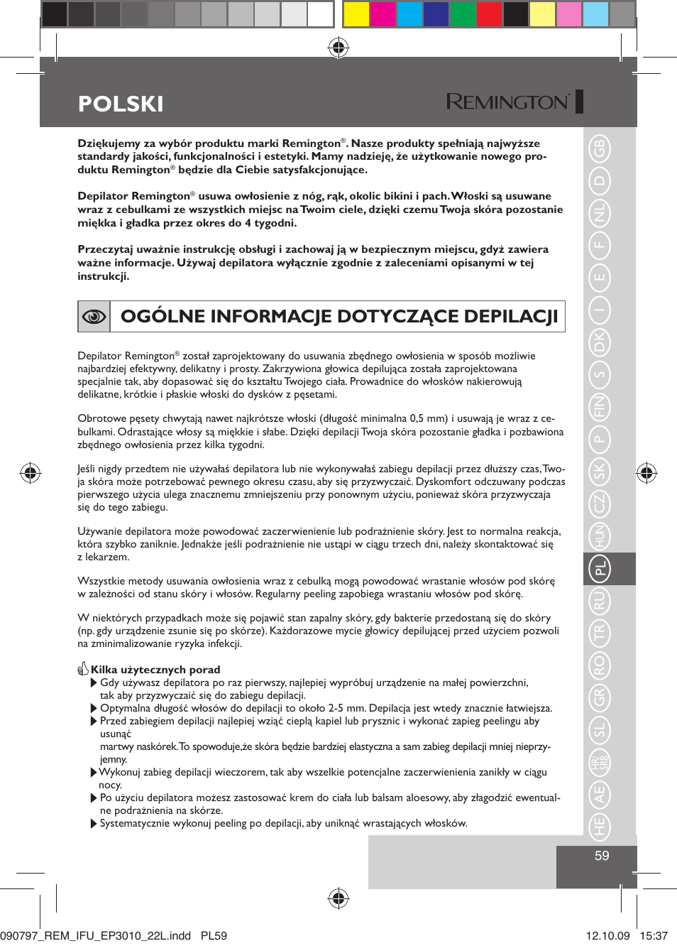 Polski, Ogólne informacje dotyczące depilacji | Remington EP6010C User Manual | Page 62 / 98