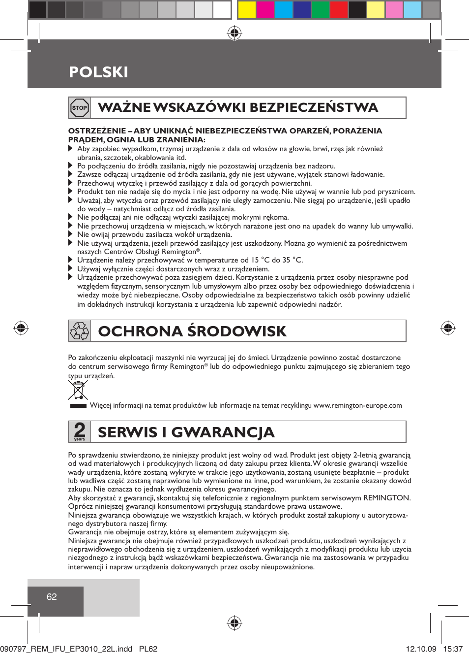 Polski, Ochrona środowisk, Serwis i gwarancja | Ważne wskazówki bezpieczeństwa | Remington EP6010C User Manual | Page 65 / 98