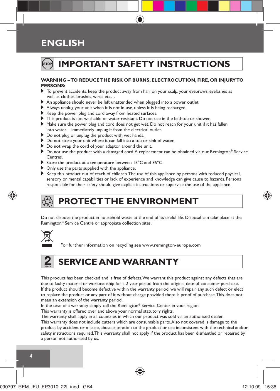 English, Important safety instructions, Protect the environment | Service and warranty | Remington EP6010C User Manual | Page 7 / 98