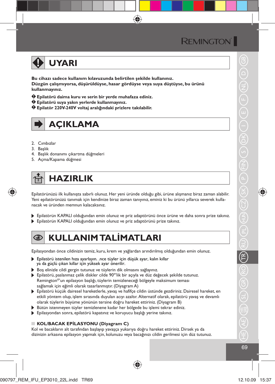 Uyari, Açiklama, Hazirlik | Kullanim talimatlari | Remington EP6010C User Manual | Page 72 / 98