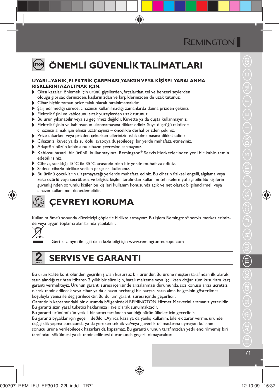 Önemli güvenlik talimatlari, Çevreyi koruma, Servis ve garanti | Remington EP6010C User Manual | Page 74 / 98