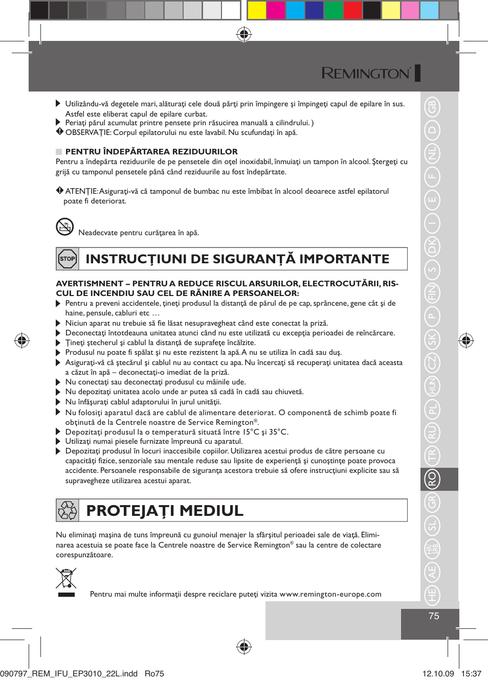 Protejaţi mediul, Instrucţiuni de siguranţă importante | Remington EP6010C User Manual | Page 78 / 98