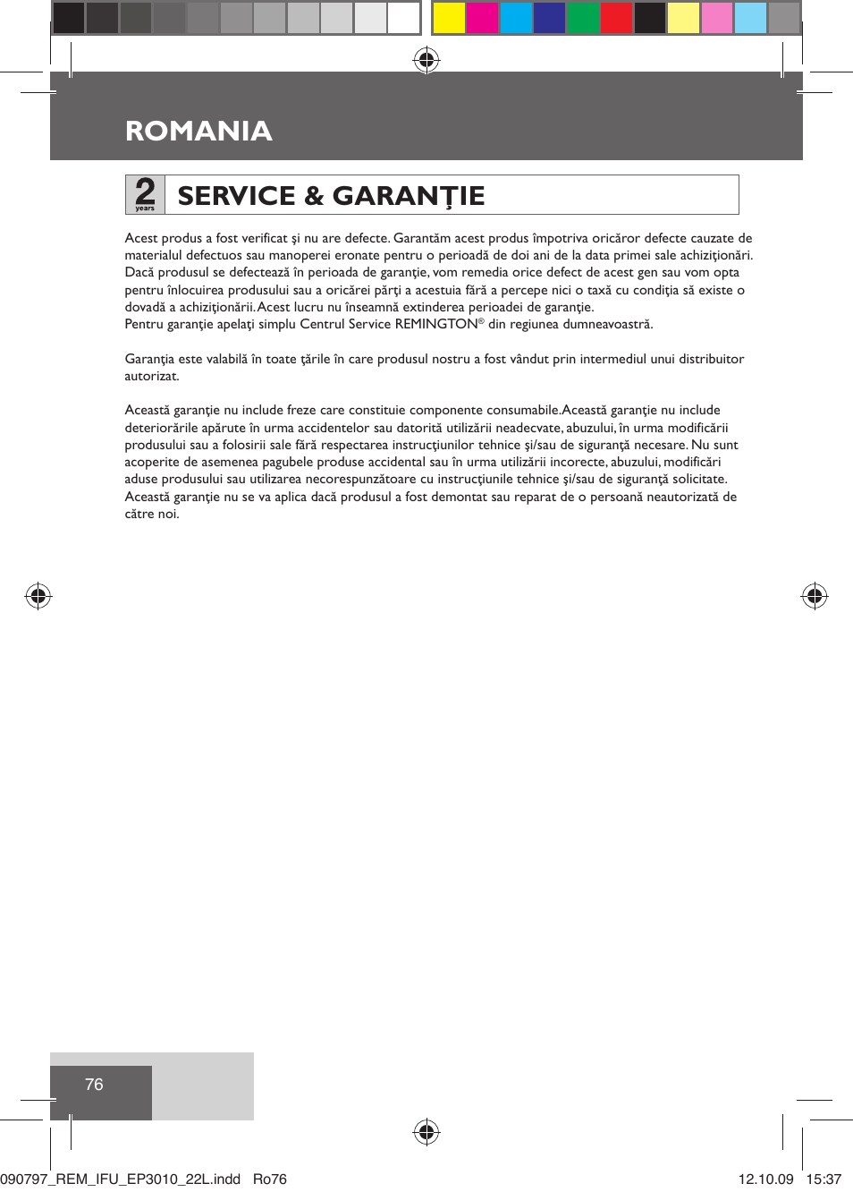 Romania, Service & garanţie | Remington EP6010C User Manual | Page 79 / 98