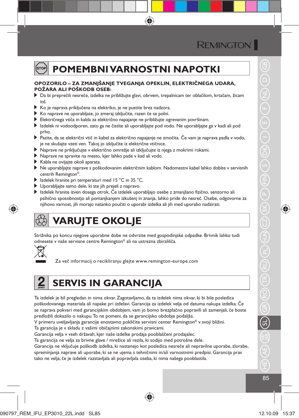 Varujte okolje, Pomembni varnostni napotki, Servis in garancija | Remington EP6010C User Manual | Page 88 / 98