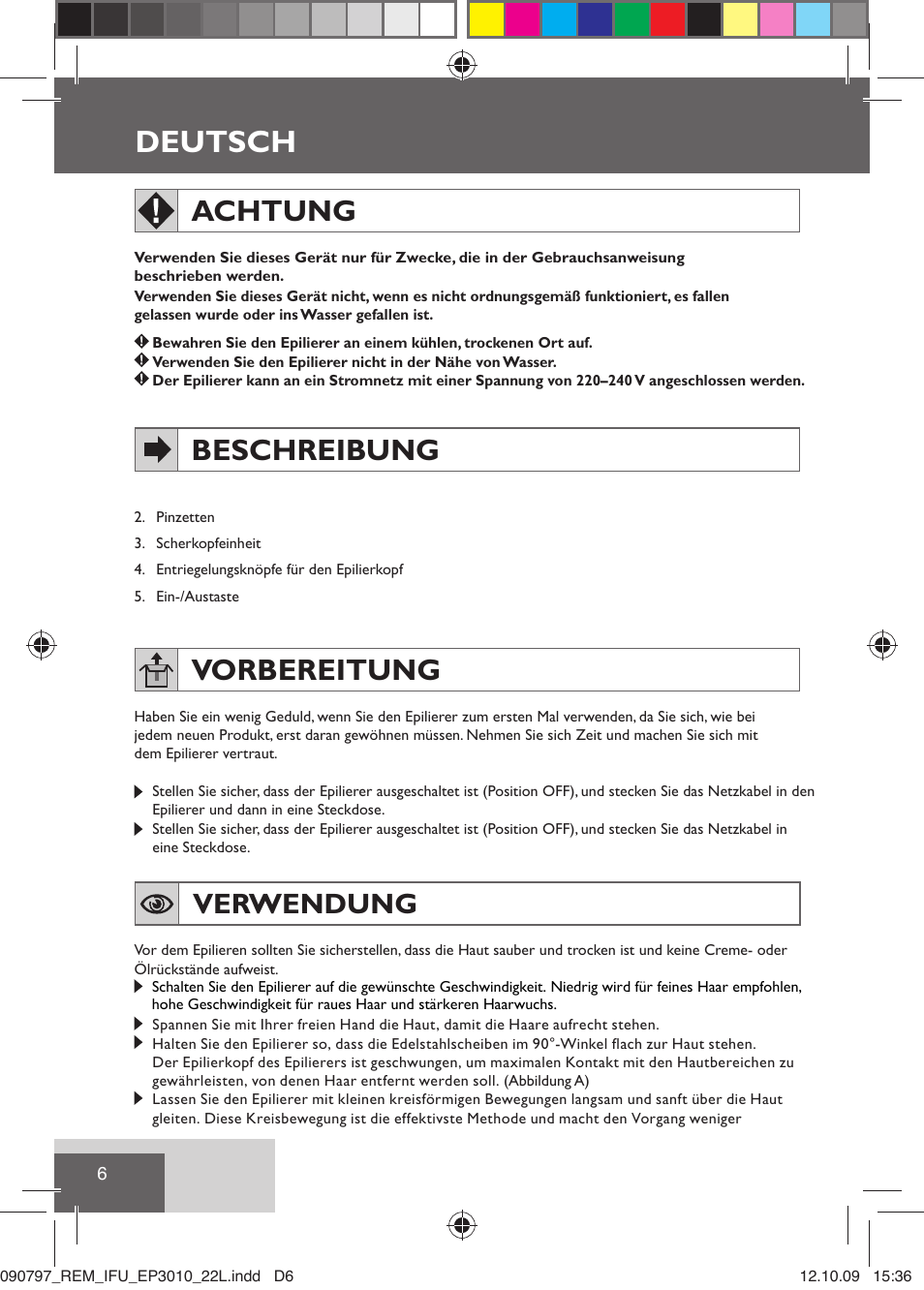 Deutsch, Achtung, Beschreibung | Vorbereitung, Verwendung | Remington EP6010C User Manual | Page 9 / 98