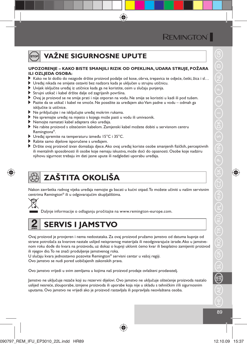 Zaštita okoliša, Servis i jamstvo, Važne sigurnosne upute | Remington EP6010C User Manual | Page 92 / 98