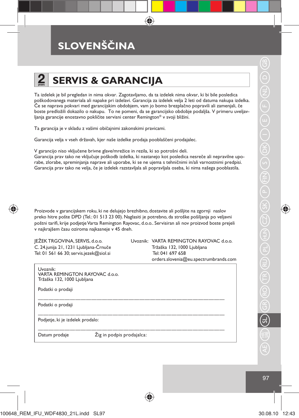 Slovenščina servis & garancija | Remington WDF4830C User Manual | Page 100 / 111
