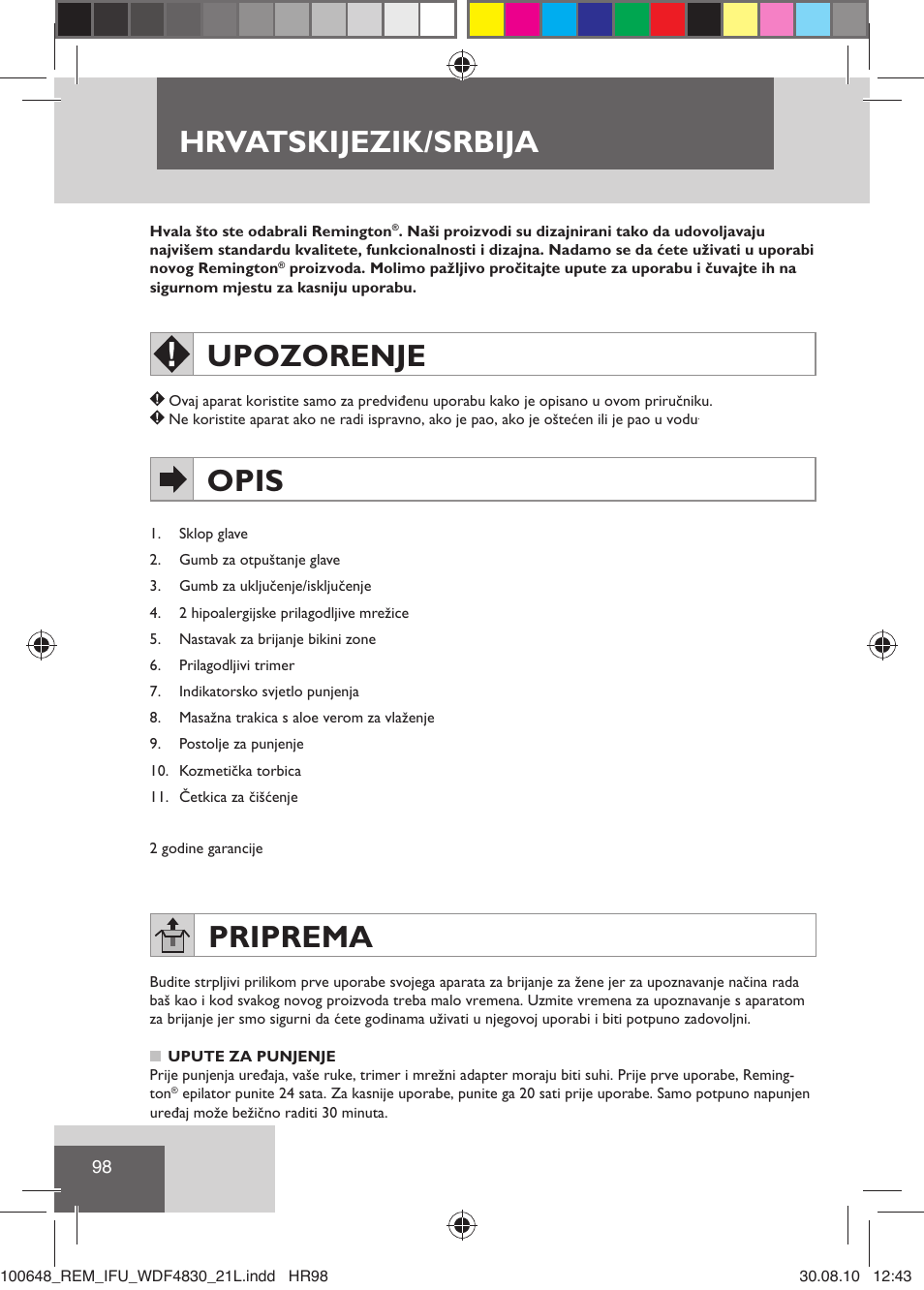 Hrvatski jezik / srbija, Upozorenje, Opis | Priprema | Remington WDF4830C User Manual | Page 101 / 111