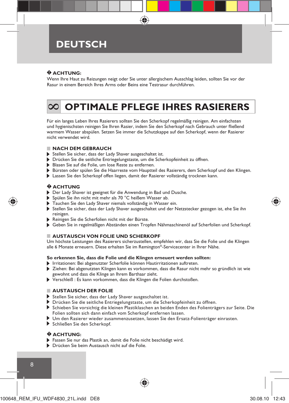 Deutsch, Optimale pflege ihres rasierers | Remington WDF4830C User Manual | Page 11 / 111