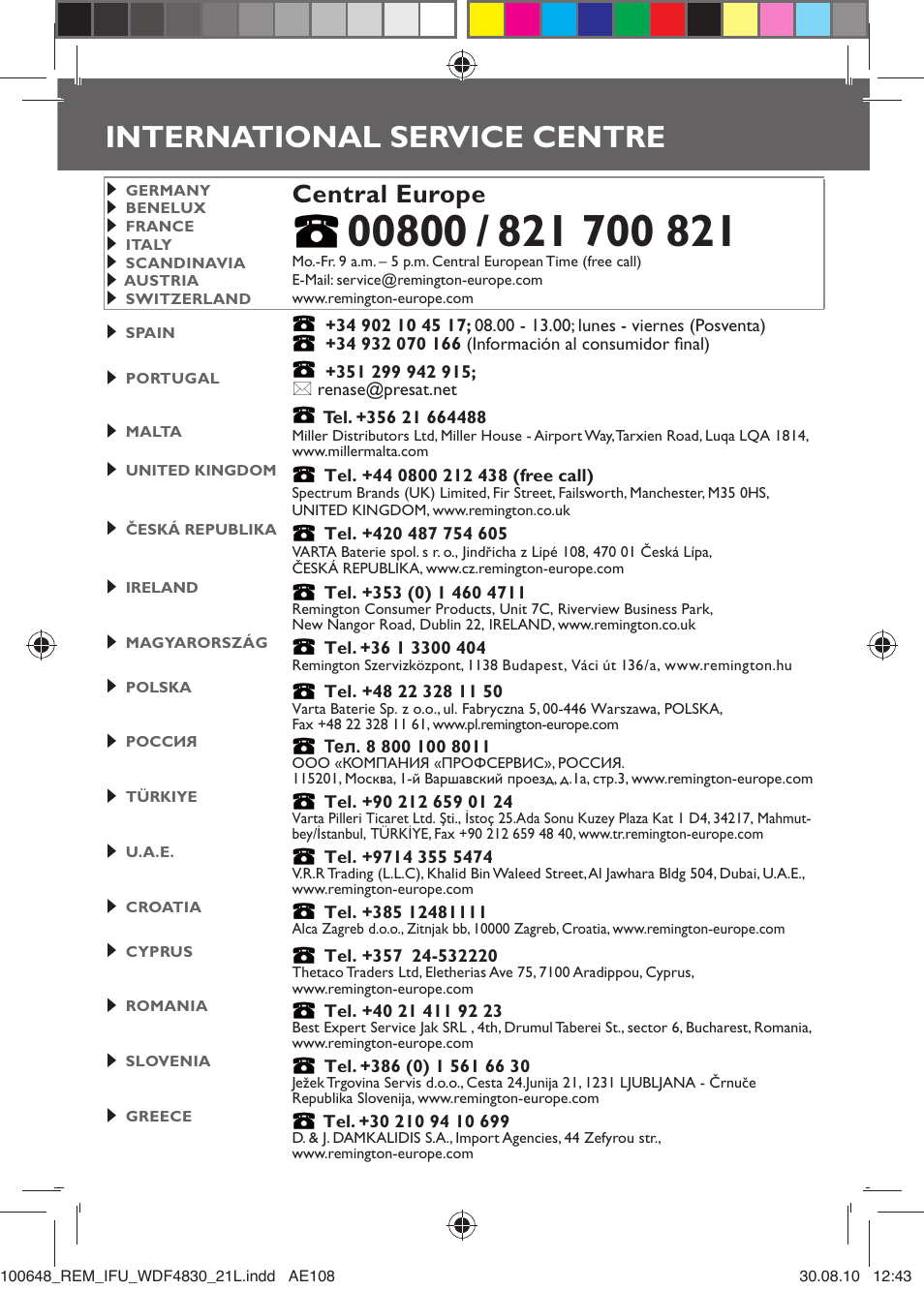 International service centre, Central europe | Remington WDF4830C User Manual | Page 111 / 111