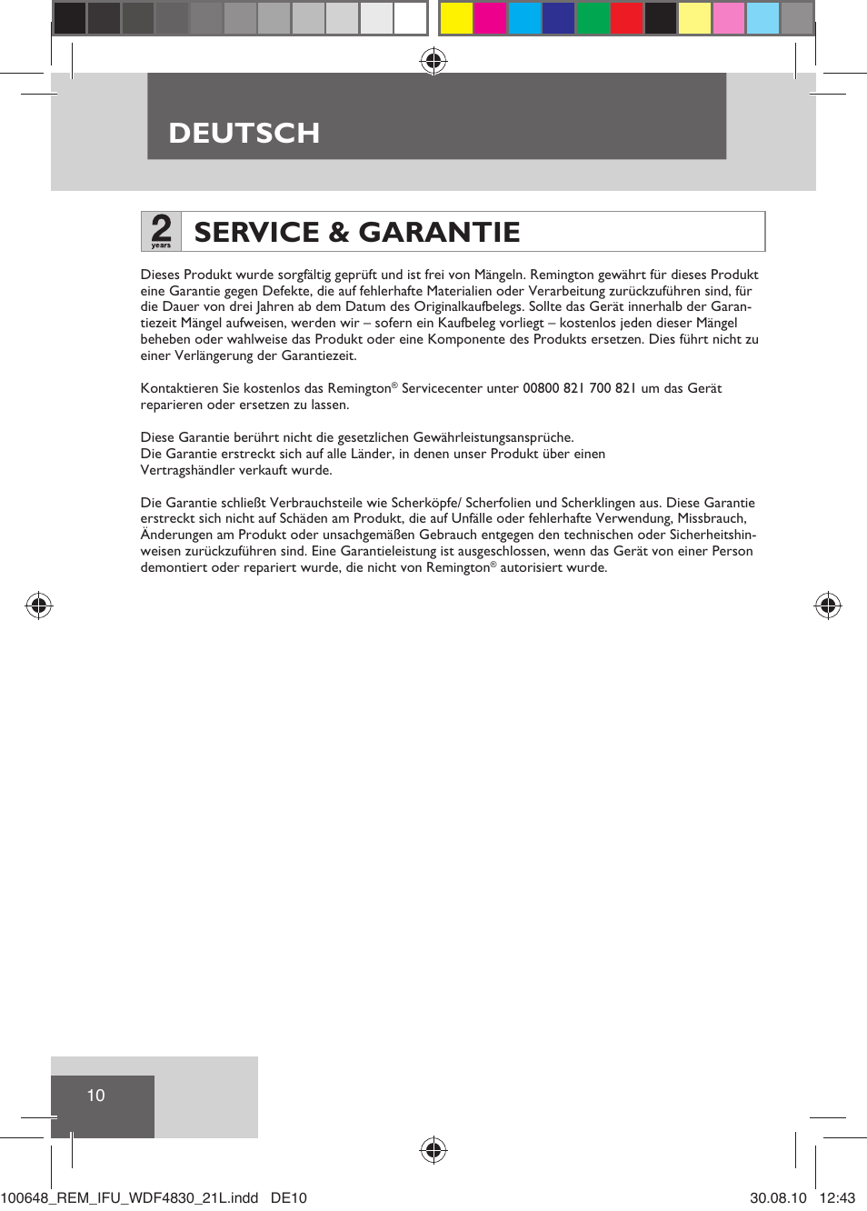 Deutsch, Service & garantie | Remington WDF4830C User Manual | Page 13 / 111