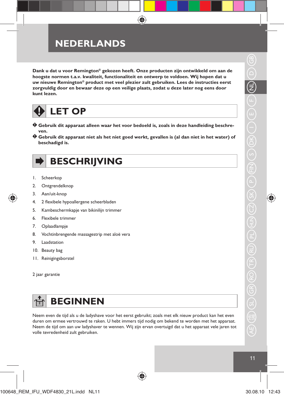 Nederlands, Let op, Beschrijving | Beginnen | Remington WDF4830C User Manual | Page 14 / 111