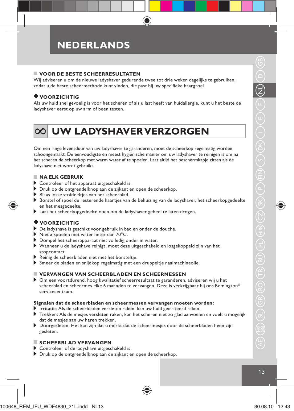Nederlands, Uw ladyshaver verzorgen | Remington WDF4830C User Manual | Page 16 / 111