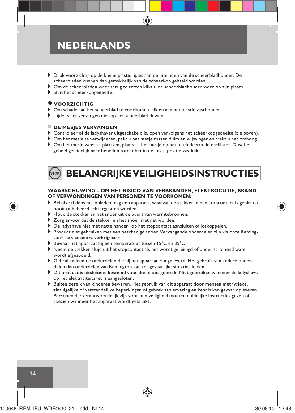 Nederlands, Belangrijke veiligheidsinstructies | Remington WDF4830C User Manual | Page 17 / 111