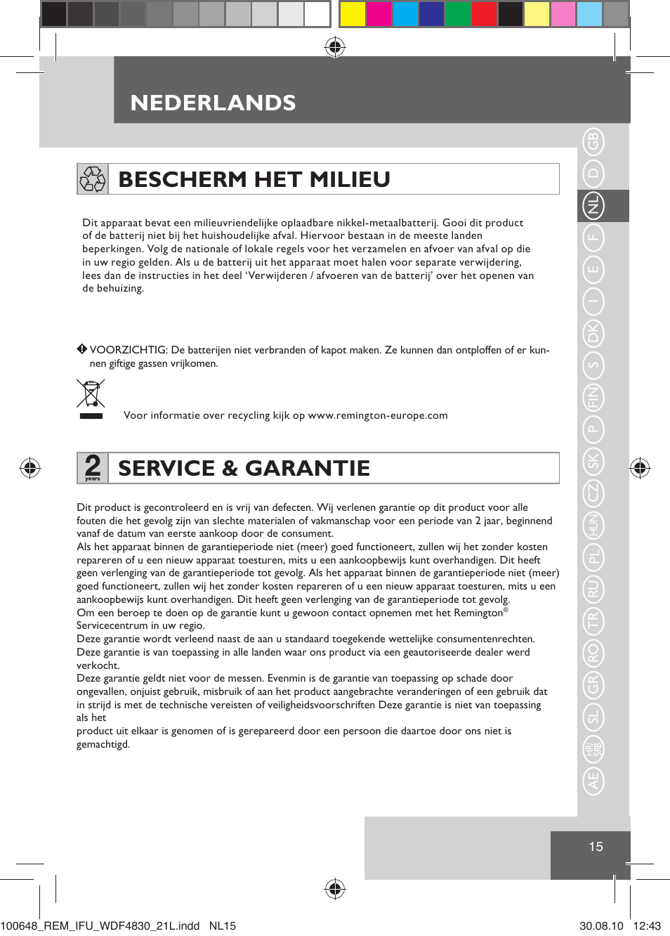 Nederlands, Bescherm het milieu, Service & garantie | Remington WDF4830C User Manual | Page 18 / 111