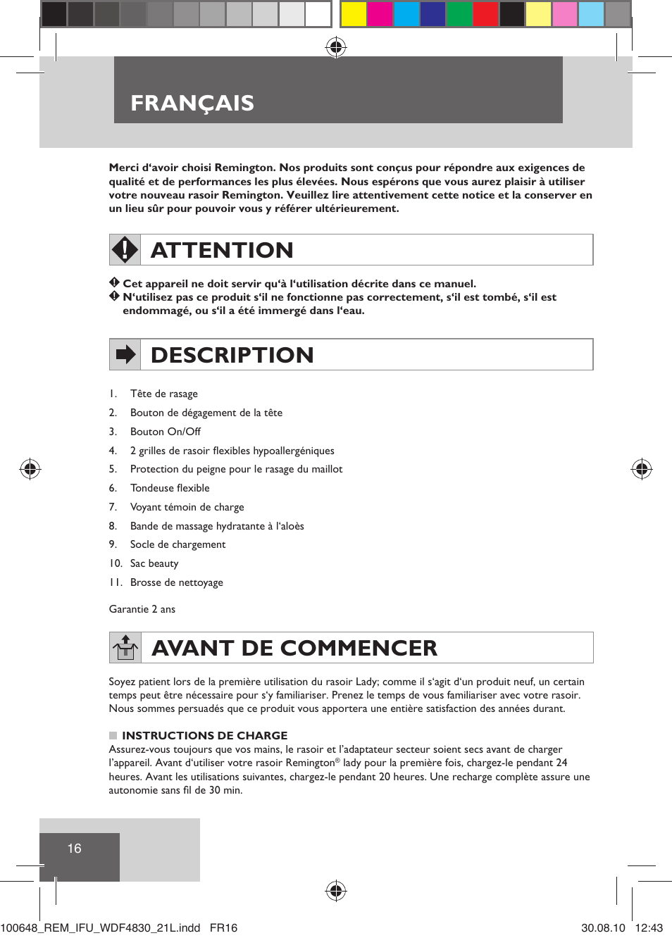 Français, Attention, Description | Avant de commencer | Remington WDF4830C User Manual | Page 19 / 111