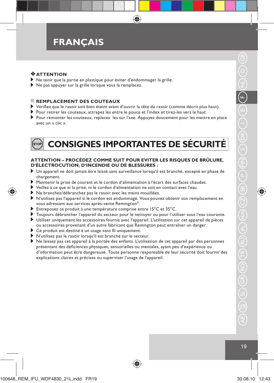Français, Consignes importantes de sécurité | Remington WDF4830C User Manual | Page 22 / 111