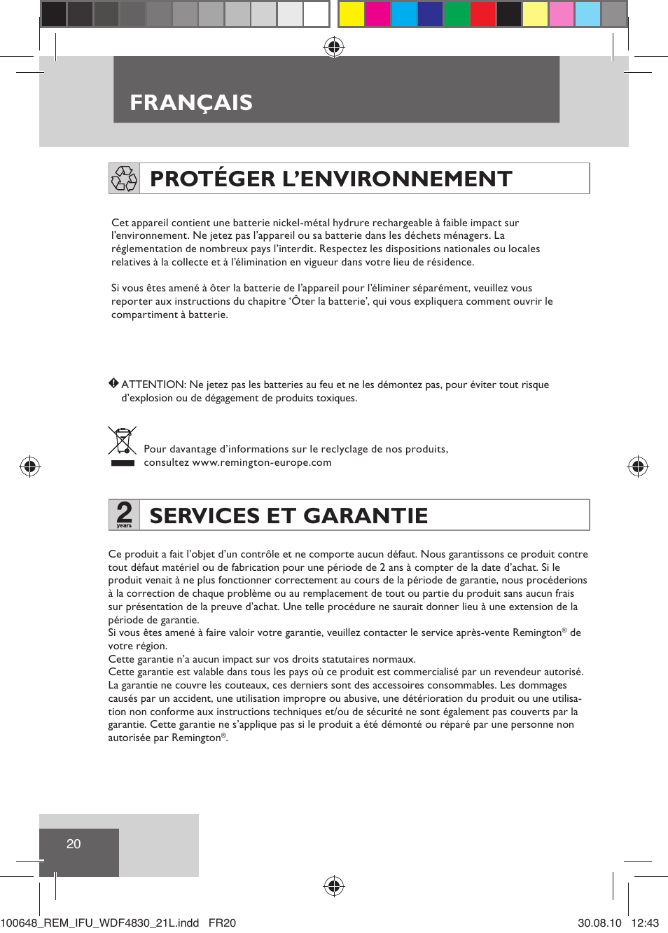 Français, Protéger l’environnement, Services et garantie | Remington WDF4830C User Manual | Page 23 / 111