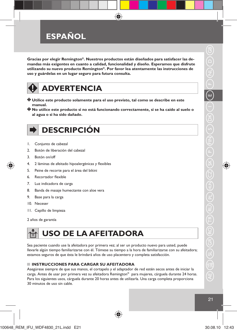 Español, Advertencia, Descripción | Uso de la afeitadora | Remington WDF4830C User Manual | Page 24 / 111