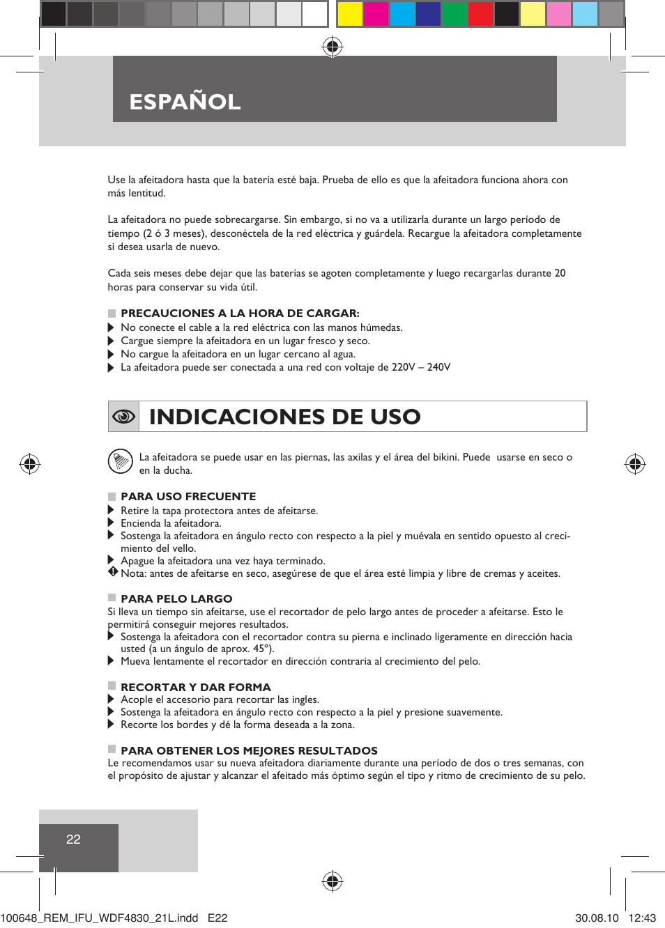 Español, Indicaciones de uso | Remington WDF4830C User Manual | Page 25 / 111